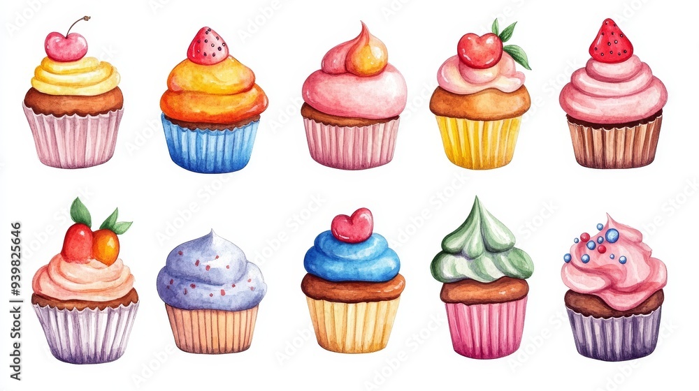 Cupcakes set. White background. Watercolor illustrations Cupcakes set. White background. Watercolor illustrations
