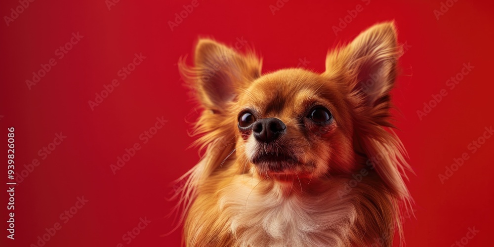 An adorable long-haired Chihuahua and Papillon mix featuring a red and white fur coat. An adorable long-haired Chihuahua and Papillon mix featuring a red and white fur coat.