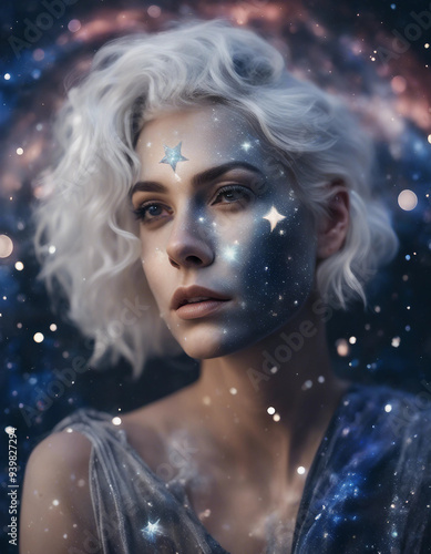 A celestial-themed portrait of a woman with silver hair and star-shaped face paint, set against