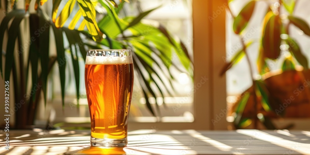 Beer glass casting shadows of tropical plants on a sunlit shelf, with light reflections on a white table and a shallow depth of field for added depth. Beer glass casting shadows of tropical plants on a sunlit shelf, with light reflections on a white table and a shallow depth of field for added depth.