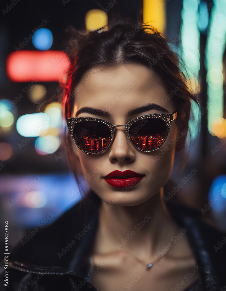A close-up of a woman with bright red lipstick and cat-eye sunglasses, standing under the neon light A close-up of a woman with bright red lipstick and cat-eye sunglasses, standing under the neon light