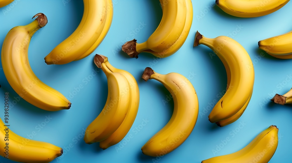 Bright yellow bananas arranged on a vibrant blue background Bright yellow bananas arranged on a vibrant blue background