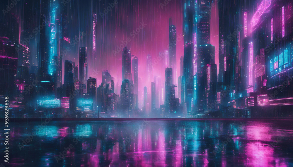 A futuristic cityscape illuminated by neon lights in vibrant hues of blue, pink, and green A futuristic cityscape illuminated by neon lights in vibrant hues of blue, pink, and green