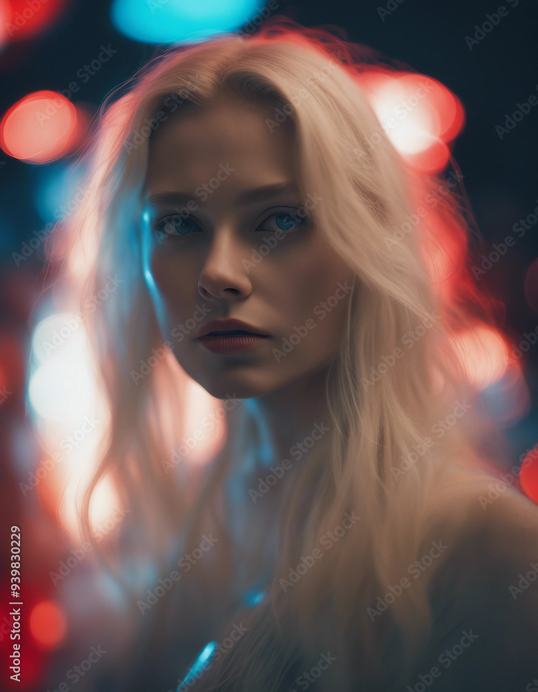 A hauntingly beautiful portrait of a young woman with white-blonde hair, illuminated by soft A hauntingly beautiful portrait of a young woman with white-blonde hair, illuminated by soft