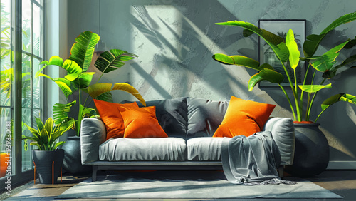 Modern Flat Interior with Grey Sofa and Orange Cushions Large Window Large Black Vases with Big Green Plants Oil on Canvas Illustration Contemporary Design Spacious Layout Bright