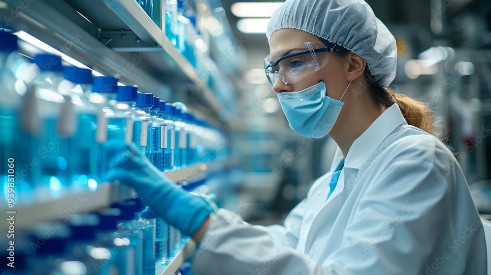 Scientist inspecting bottled samples in a high-tech laboratory Scientist inspecting bottled samples in a high-tech laboratory