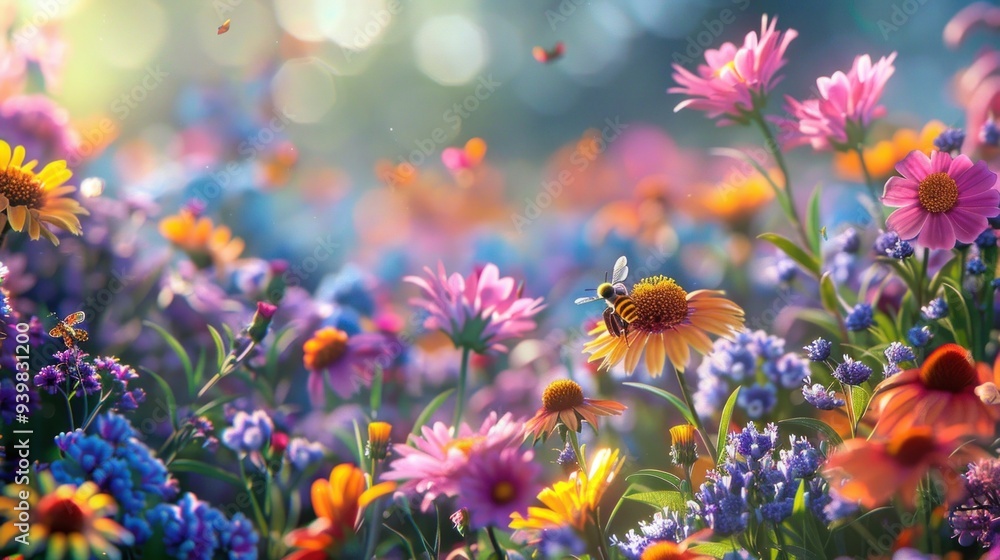 A colorful flower bed in a summer garden with bees and butterflies flitting around. A colorful flower bed in a summer garden with bees and butterflies flitting around.