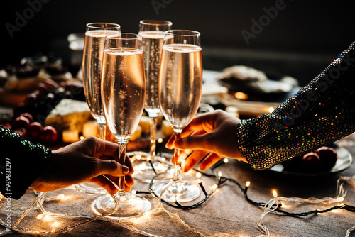 Obraz na płótnie Friends celebrating Christmas or New Year eve party with champagne or sparkling wine. w salonie