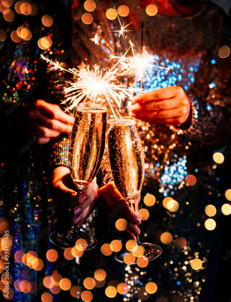 Friends celebrating Christmas or New Year eve party with Bengal lights and champagne.