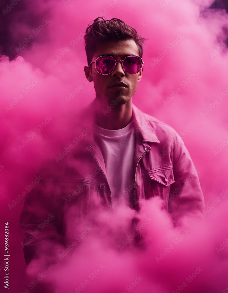 A powerful portrait of a young man surrounded by pink smoke, wearing round, pink sunglasses A powerful portrait of a young man surrounded by pink smoke, wearing round, pink sunglasses