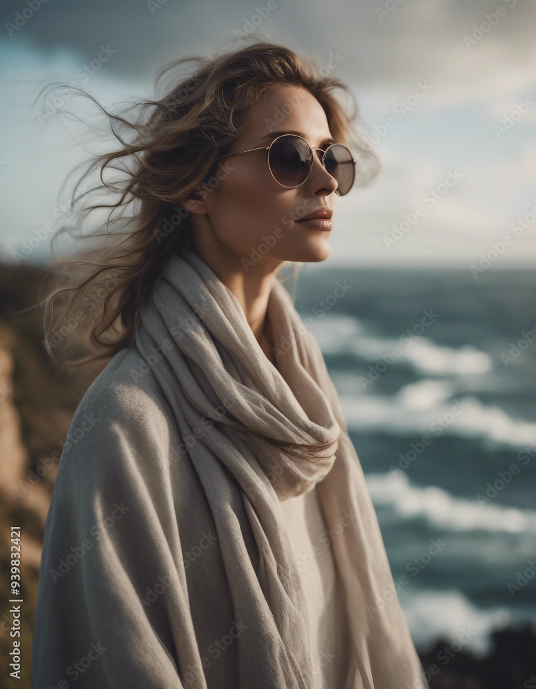 A serene image of a woman with wind-swept hair, standing on a cliff overlooking the ocean A serene image of a woman with wind-swept hair, standing on a cliff overlooking the ocean