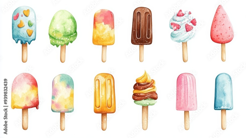 Ice cream set. White background. Watercolor illustrations Ice cream set. White background. Watercolor illustrations