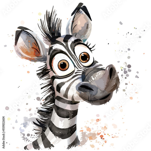 Vector illustration of a cartoon animation of zebra, painted in watercolor, isolated on a white background, zebra animation