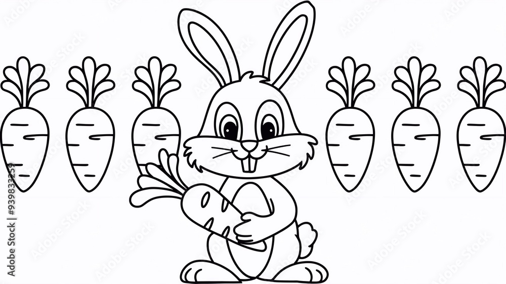 Coloring page outline of a cartoon rabbit with a carrot. Vector illustration, coloring book for children. Simple black lines, high quality. Coloring page outline of a cartoon rabbit with a carrot. Vector illustration, coloring book for children. Simple black lines, high quality.