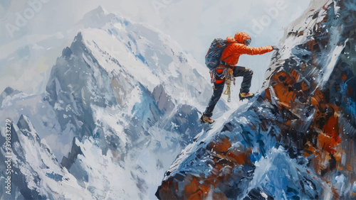 Mountain Climber Clinging to a Rock at the Top of a Mountain Oil on Canvas Illustration Extreme Adventure High Altitude Ascent Rugged Terrain Summit Achievement Thrilling Climb