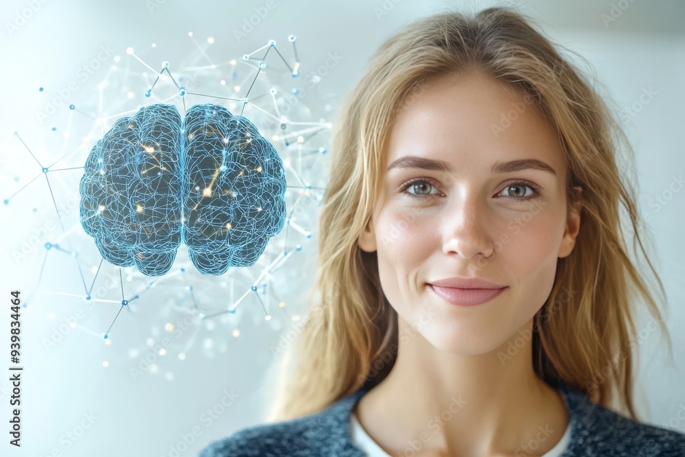 Naklejka premium Young Woman with Digital Brain Visualization Highlighting the Power of Thought Cognitive Science and the Future of Human Intelligence