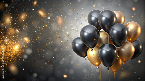 Elegant Black and Gold Balloons with Sparkles Against a Soft Gray Blur Background - Perfect for Celebrations, Parties, and Events