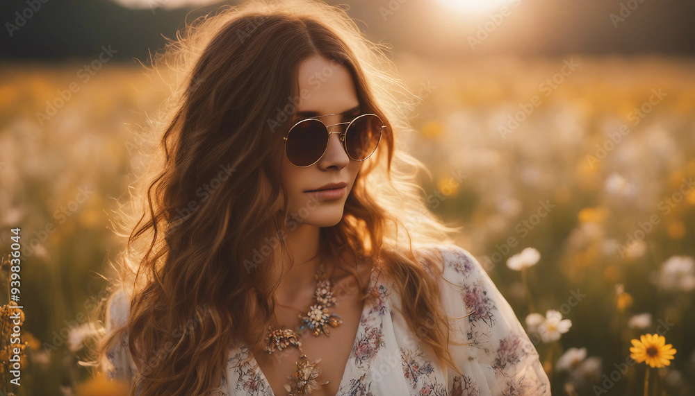 A woman with long, wavy hair and layered bohemian jewelry, standing in a field of wildflowers at sun A woman with long, wavy hair and layered bohemian jewelry, standing in a field of wildflowers at sun