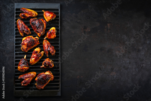 Wallpaper Mural Traditional barbecue chicken wings, drumsticks and chicken breast with hot chili sauce served as top view on a rustic grill grate with copy space right Torontodigital.ca
