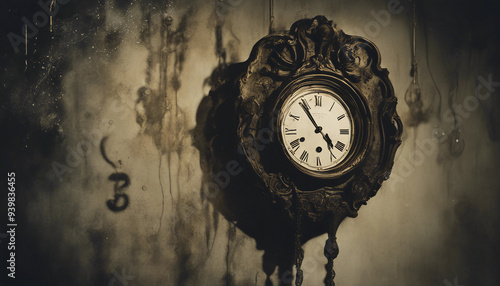An antique clock hangs on a wall with its numbers melting and dripping down the face, reminiscent