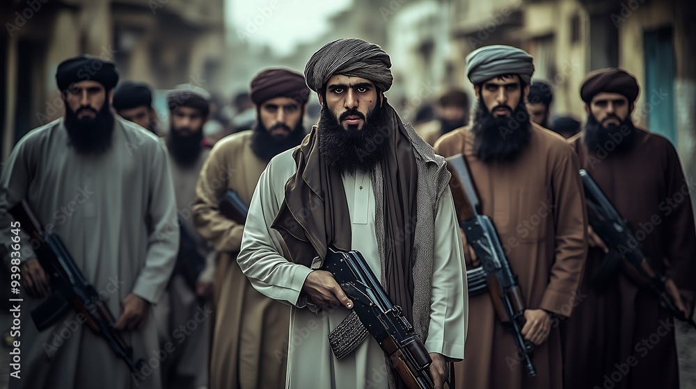 Armed militant group standing with weapons on the street Armed militant group standing with weapons on the street