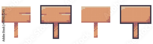 Wooden signs pixel art set. Wooden Signboards collection. 8 bit sprite. Game development, mobile app. Isolated vector set illustration.