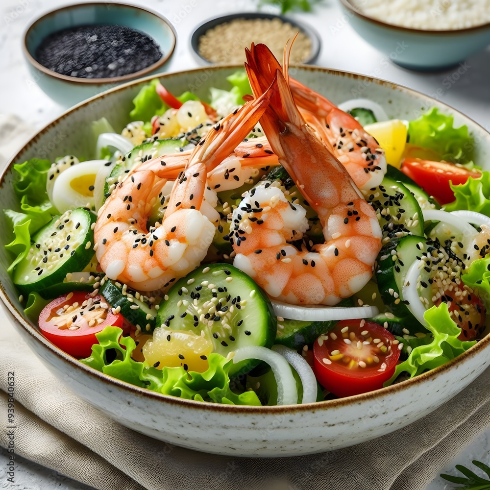 This image shows a colorful shrimp salad featuring fresh lettuce, cucumber, cherry tomatoes, and sesame seeds, all neatly arranged in a bowl. The dish looks both nutritious and delicious, perfect for This image shows a colorful shrimp salad featuring fresh lettuce, cucumber, cherry tomatoes, and sesame seeds, all neatly arranged in a bowl. The dish looks both nutritious and delicious, perfect for