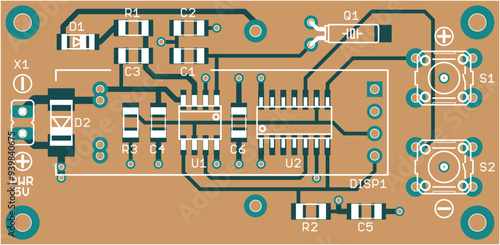 Vector printed circuit board of electronic 
device with components of radio elements, 
conductors and contact pads placed on pcb. 
Engineering technical drawing.