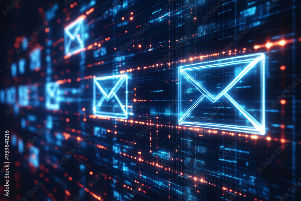 Bright blue email icons float within a digital grid background high-tech communication theme futuristic design technology Bright blue email icons float within a digital grid background high-tech communication theme futuristic design technology