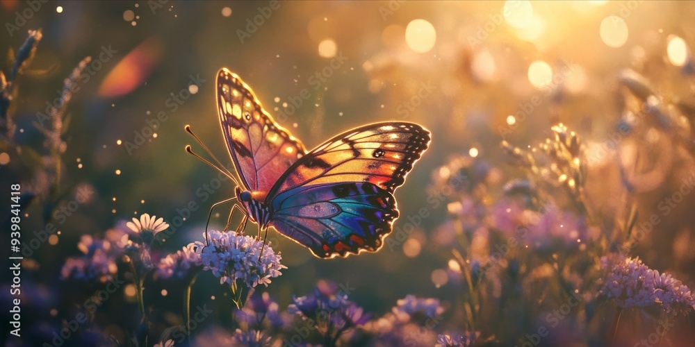 A beautiful colorful butterfly is perched on a flower in a field full of flowers. A beautiful colorful butterfly is perched on a flower in a field full of flowers.