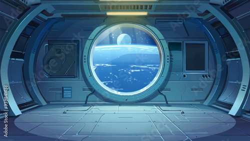 Porthole On The Wall Of A Futuristic Spaceship Hallway Featuring A View Of Outer Space With Stars Planets And Nebulae Visible Through The Glass Illustrated In A Sleek Cartoon Style