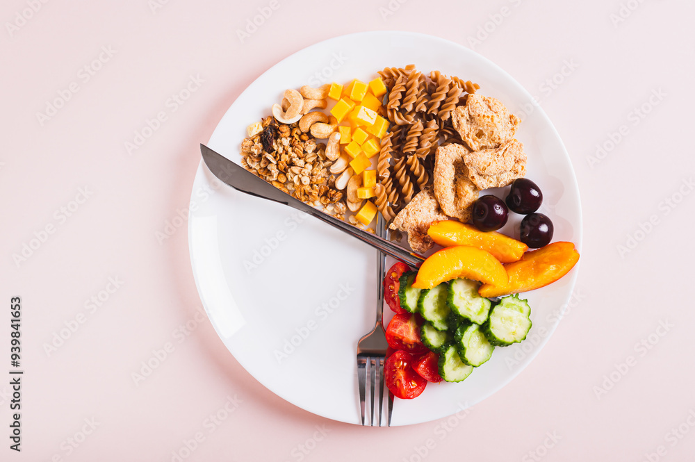 Concept individual meal plan by time food on plate on table top view