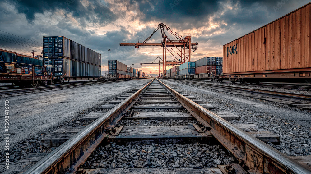 Fototapeta premium Global Trade in Motion A Cargo Container Being Lifted by a Crane Against Symbolizing the Vital Role of Transportation and Logistics in International Commerce