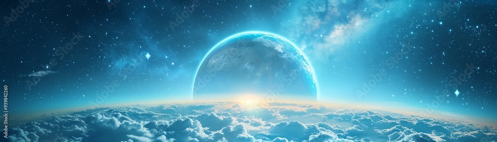 Celestial Dawn Above a Cloud Sea, Digital Art, Planet, Sunrise, Stars, Clouds, Atmosphere Celestial Dawn Above a Cloud Sea, Digital Art, Planet, Sunrise, Stars, Clouds, Atmosphere