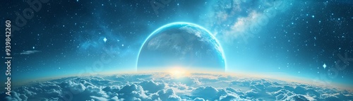 Celestial Dawn Above a Cloud Sea, Digital Art, Planet, Sunrise, Stars, Clouds, Atmosphere