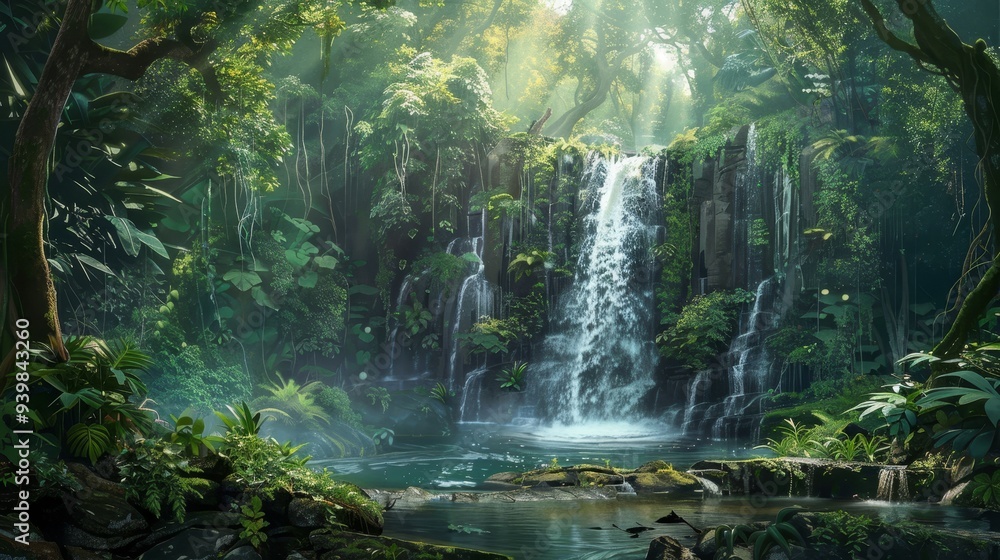 Jungle Waterfall with Lush Greenery and Sunlight Rays, digital art, waterfall, jungle, green , rainforest , tropical Jungle Waterfall with Lush Greenery and Sunlight Rays, digital art, waterfall, jungle, green , rainforest , tropical