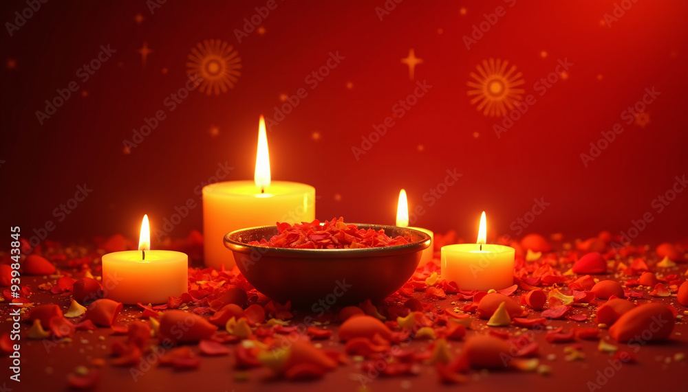 A festive Karva Chauth setup featuring candles flower petals and a thali all set against a deep red or gold background creating warmth A festive Karva Chauth setup featuring candles flower petals and a thali all set against a deep red or gold background creating warmth