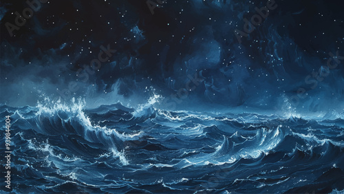 Raging Night Sea Starry Sky Acrylic on Canvas Illustration Ocean Waves Stormy Sea Night Sky Stars Turbulent Water Dark Clouds Moonlight Reflections Dramatic Scene