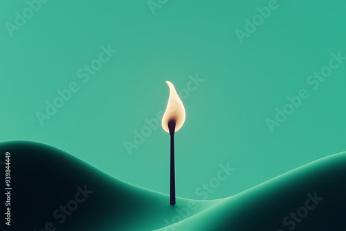 Minimalist matchstick flame with wavy green background