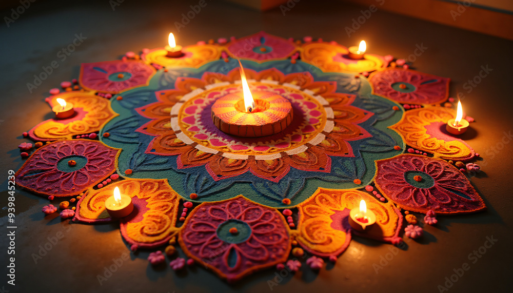 A traditional rangoli pattern with detailed motifs illuminated by soft, flickering diyas adding warmth and color. A traditional rangoli pattern with detailed motifs illuminated by soft, flickering diyas adding warmth and color.