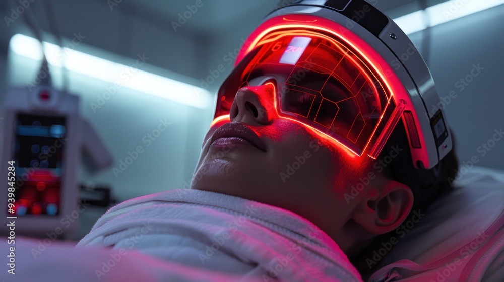 A futuristic spa scene highlighting a LED light therapy treatment, emphasizing rejuvenating and healing effects. A futuristic spa scene highlighting a LED light therapy treatment, emphasizing rejuvenating and healing effects.