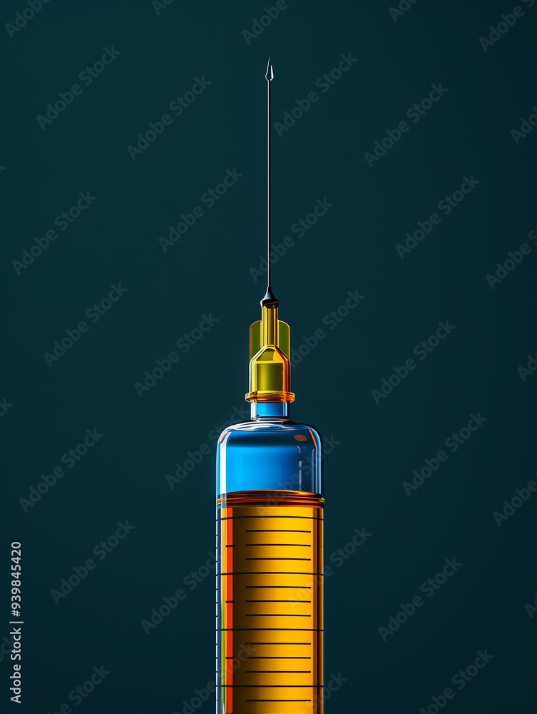 Syringe filled with amber liquid against dark background Syringe filled with amber liquid against dark background