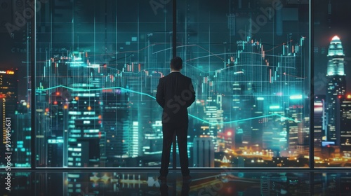 Businessman Looking at Cityscape with Financial Charts