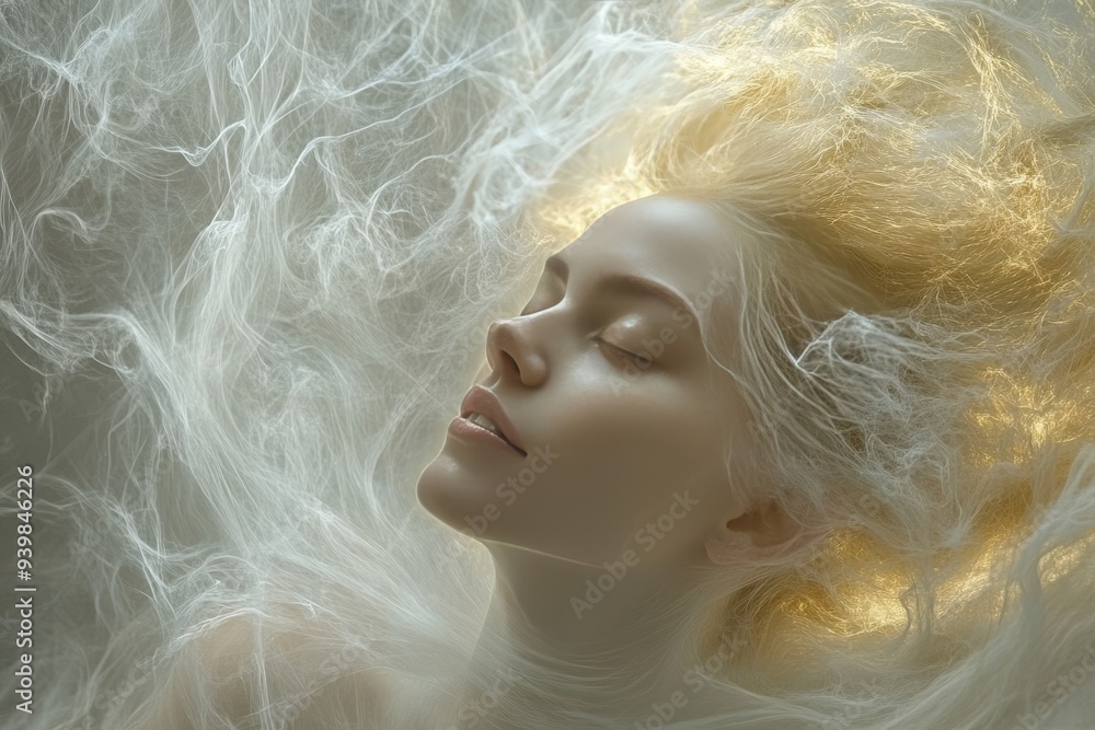 Dreamy portrait of a woman enveloped in ethereal light symbolizing imagination serenity and transcendence with delicate flowing textures creating a surreal and calming atmosphere Dreamy portrait of a woman enveloped in ethereal light symbolizing imagination serenity and transcendence with delicate flowing textures creating a surreal and calming atmosphere
