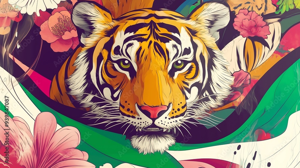 Vibrant tiger illustration with bold floral and tropical background Vibrant tiger illustration with bold floral and tropical background