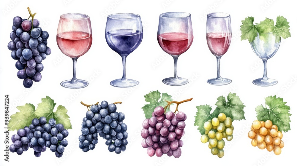 Wine glasses, wine and grapes set. White background. Watercolor illustrations Wine glasses, wine and grapes set. White background. Watercolor illustrations