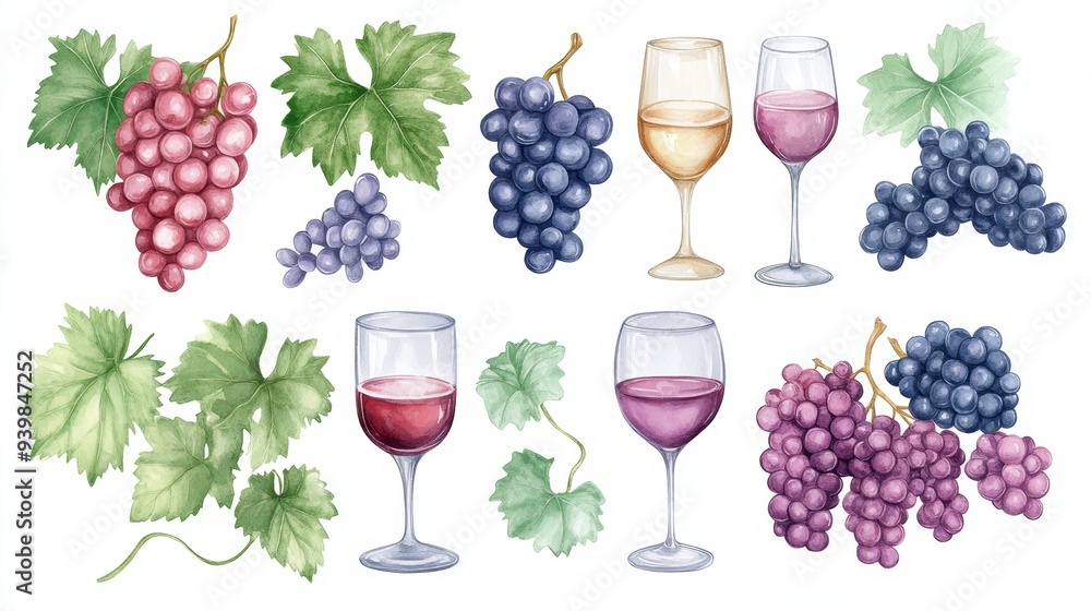 Fototapeta premium Wine glasses, wine and grapes set. White background. Watercolor illustrations