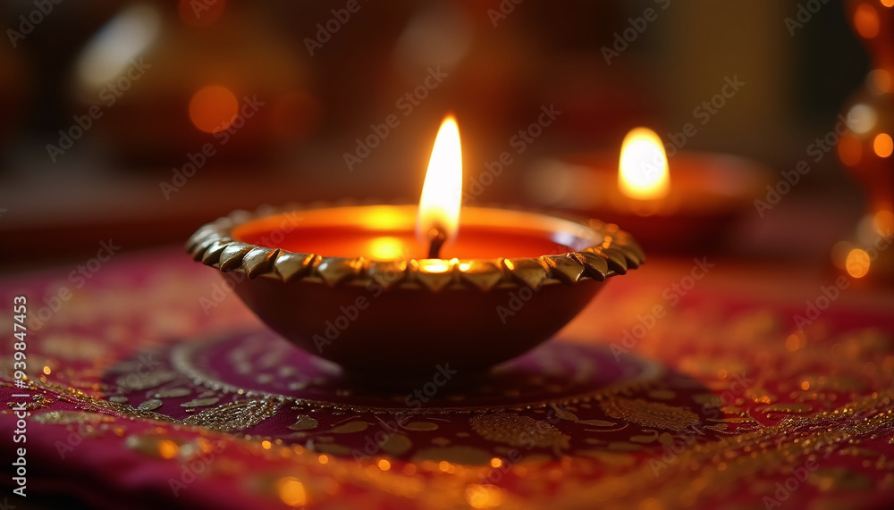 Close-up of a traditional brass diya with a flickering flame placed on an ornate decorative cloth enhancing the Diwali decor. Close-up of a traditional brass diya with a flickering flame placed on an ornate decorative cloth enhancing the Diwali decor.