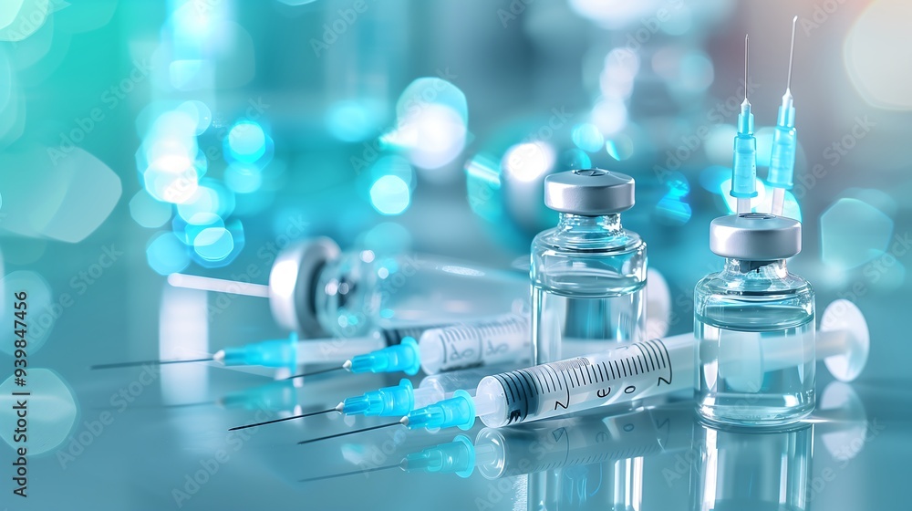 Medical syringes and vials on reflective surface in lab Medical syringes and vials on reflective surface in lab