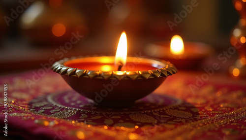 Close-up of a traditional brass diya with a flickering flame placed on an ornate decorative cloth enhancing the Diwali decor.